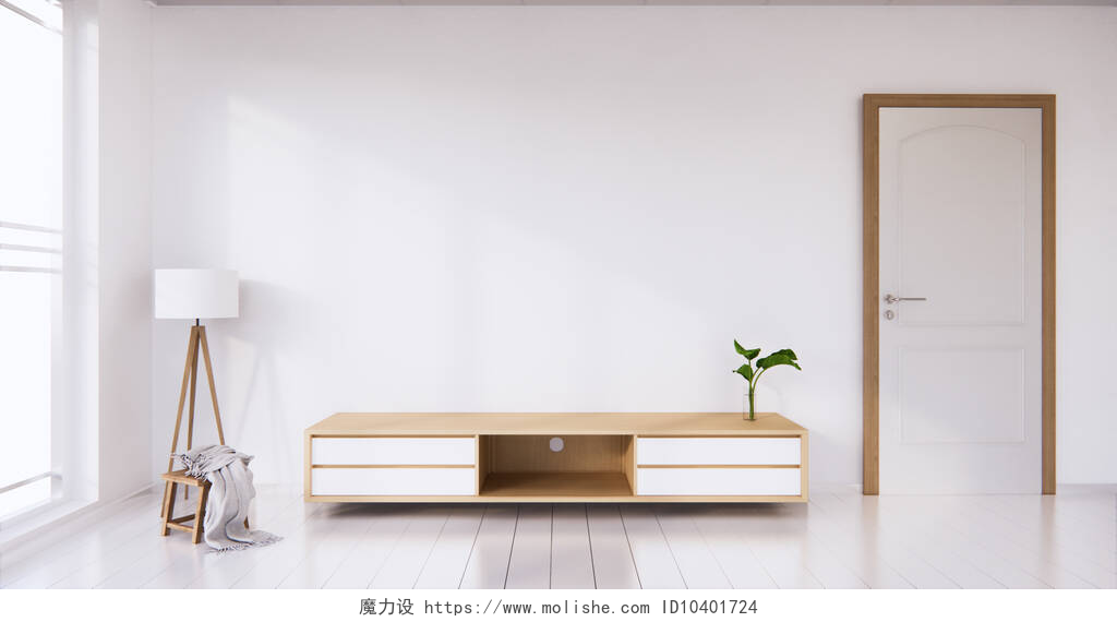 白色背景下的客厅装饰电视橱柜展示白色房间，白色地板，简约的日本客厅。3d渲染